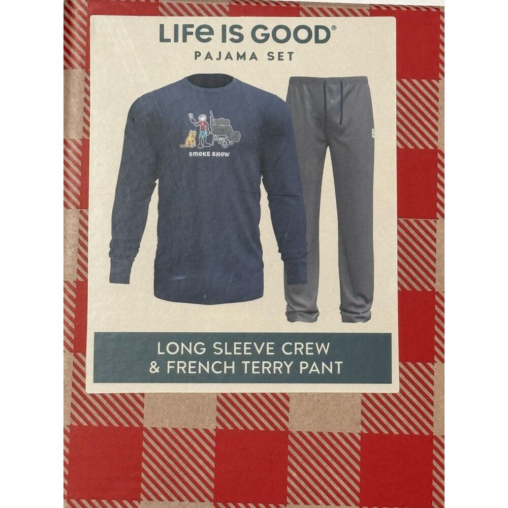 Life Is Good Pajama Set NWT Sz M Navy Grey Long Sleeve Crew/French Terry Pant - Picture 7 of 13